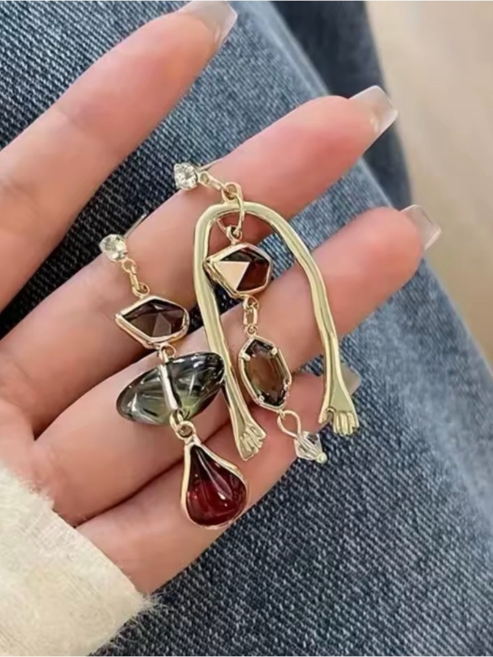 Gold Tone Asymmetrical Amber Drop Earrings